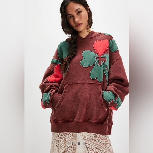Free People Oversized Brown Hoodie with Green and Red Clover Design 
Retail $168 - Picture 2 of 5